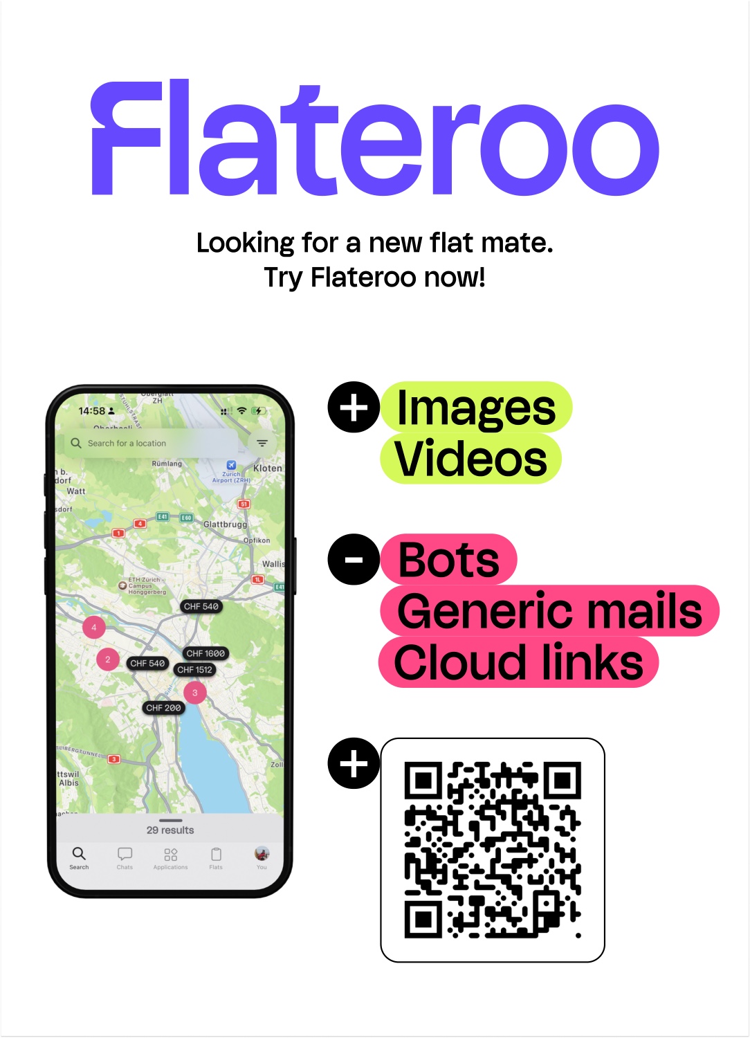 Flateroo poster pairing the map interface with more images and videos, fewer bots and generic emails